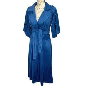 Vintage 1980s Damas Blue Ribbed Suede Open Belted Jacket Overcoat 38 / Medium